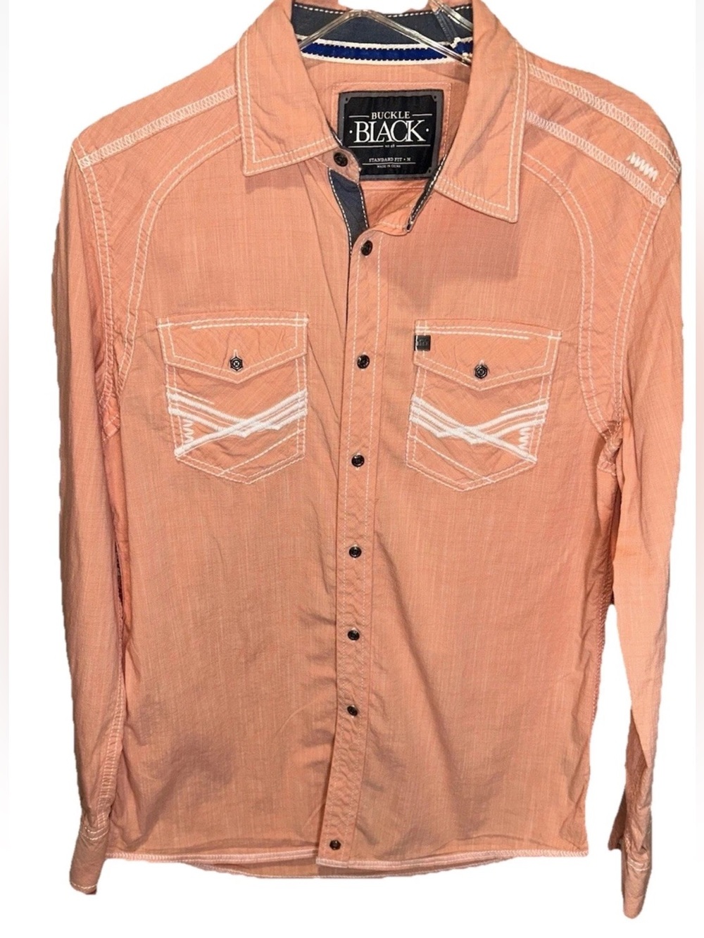 Buckle Black Men's Western Pearl Snap Shirt Coral Peach Thick Stitch Standard Fi